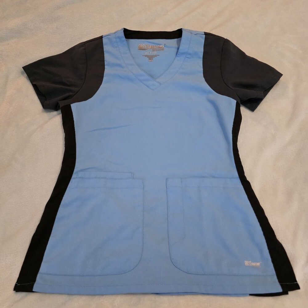 Greys Anatomy By Barco Womens Active Scrub Top XXS Powder‎ Blue & Black